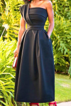 Zwarte elegante effen patchwork asymmetrische kraag A-lijn jurken