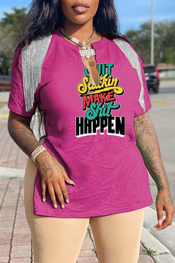 Camisetas roxas com estampa de moda com borla e gola V