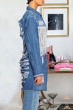 Mörkblått Mode Casual Patchwork Tofs Rippad rygglös kofta Turndown-krage Långärmad Vanlig jeansjacka