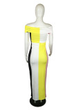Gele mode casual patchwork contrast off-shoulder jurk met korte mouwen