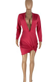Rose Red Sexy Solid Patchwork V Neck Straight Dresses