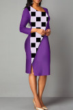 Purple Casual Elegant Print Patchwork Slit Asymmetrical Collar One Step Skirt Dresses