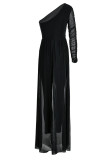 Black Sexy Solid Patchwork See-through Oblique Collar Regular Jumpsuits