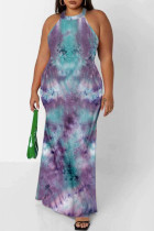 Lila Blau Mode Sexy Print Ausgehöhltes O-Ausschnitt Ärmelloses Kleid Plus Size Kleider