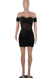 Black Sexy Solid Patchwork Fold Off the Shoulder Pencil Skirt Dresses