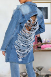 Baby Blue Fashion Casual Patchwork Quaste zerrissene rückenfreie Strickjacke Umlegekragen Langarm Regular Jeansjacke