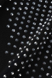 ブラックファッションセクシーなパッチワークホットドリルタッセル背中の開いたスパゲッティストラップ不規則なドレス