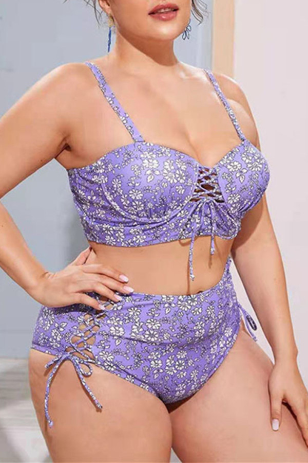Фиолетовый модный сексуальный принт повязки с открытой спиной спагетти ремень плюс размер купальники