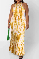 Gelb-weißer Mode-reizvoller Druck ausgehöhltes ärmelloses Kleid mit O-Ausschnitt plus Größenkleider