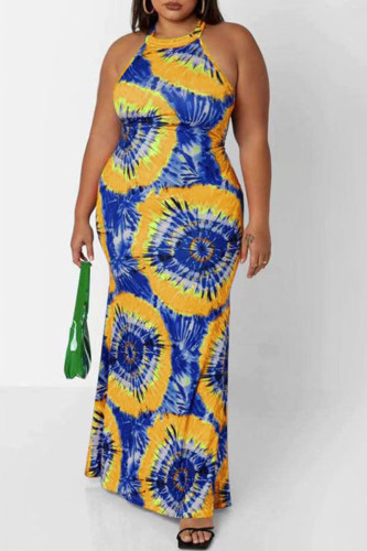 Yellow And Blue Fashion Sexy Print Hollowed Out O Neck Sleeveless Dress Plus Size Dresses