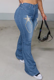 Jeans moda casual patchwork las cadenas de estrellas cintura alta flaco denim azul