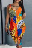 Robe fronde à col en V et patchwork imprimé multicolore à la mode