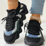 Chaussures de course de sport rondes en patchwork de bandage de vêtements de sport décontractés à la mode noire