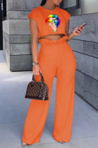 Оранжевый модный повседневный с принтом губ, базовый, с круглым вырезом, с коротким рукавом, из двух частей