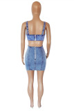 Light Blue Fashion Sexy Solid Patchwork Backless Spaghetti Strap Sleeveless Skinny Denim Dresses