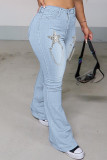 Blue Fashion Casual Patchwork The stars Chains High Waist Skinny Denim Jeans