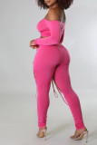 Розово-красная сексуальная сплошная повязка с выдолбленным пэчворком с открытыми плечами с длинным рукавом из двух частей