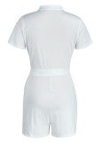 White Casual Solid Bandage Patchwork Buckle Mandarin Collar Straight Rompers