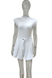 White Fashion Casual Solid Patchwork Half A Turtleneck Sleeveless Two Pieces