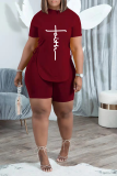 Burgundy Casual Print Draw String O Neck Short Sleeve Two Pieces