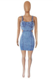 Light Blue Fashion Sexy Solid Patchwork Backless Spaghetti Strap Sleeveless Skinny Denim Dresses