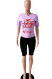 Пурпурные повседневные футболки с круглым вырезом в стиле пэчворк с принтом