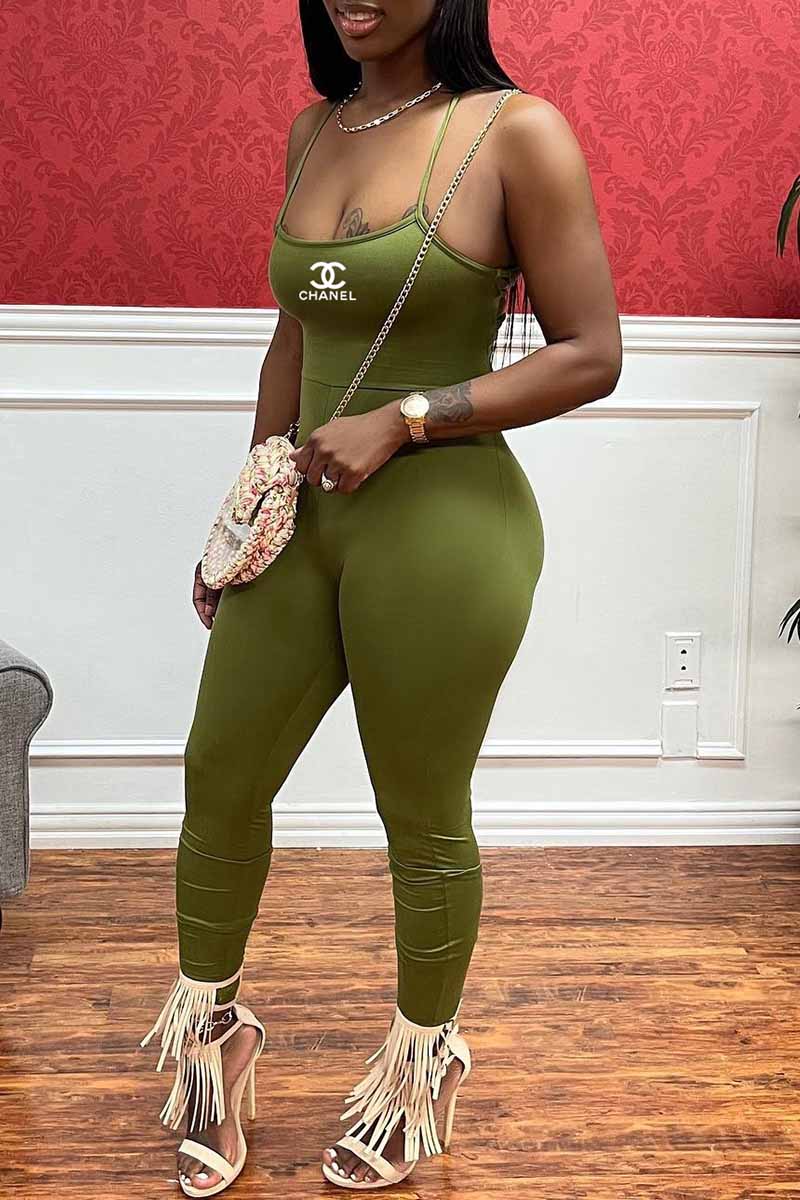 

Green Fashion Sexy Print Bandage Backless Spaghetti Strap Jumpsuits