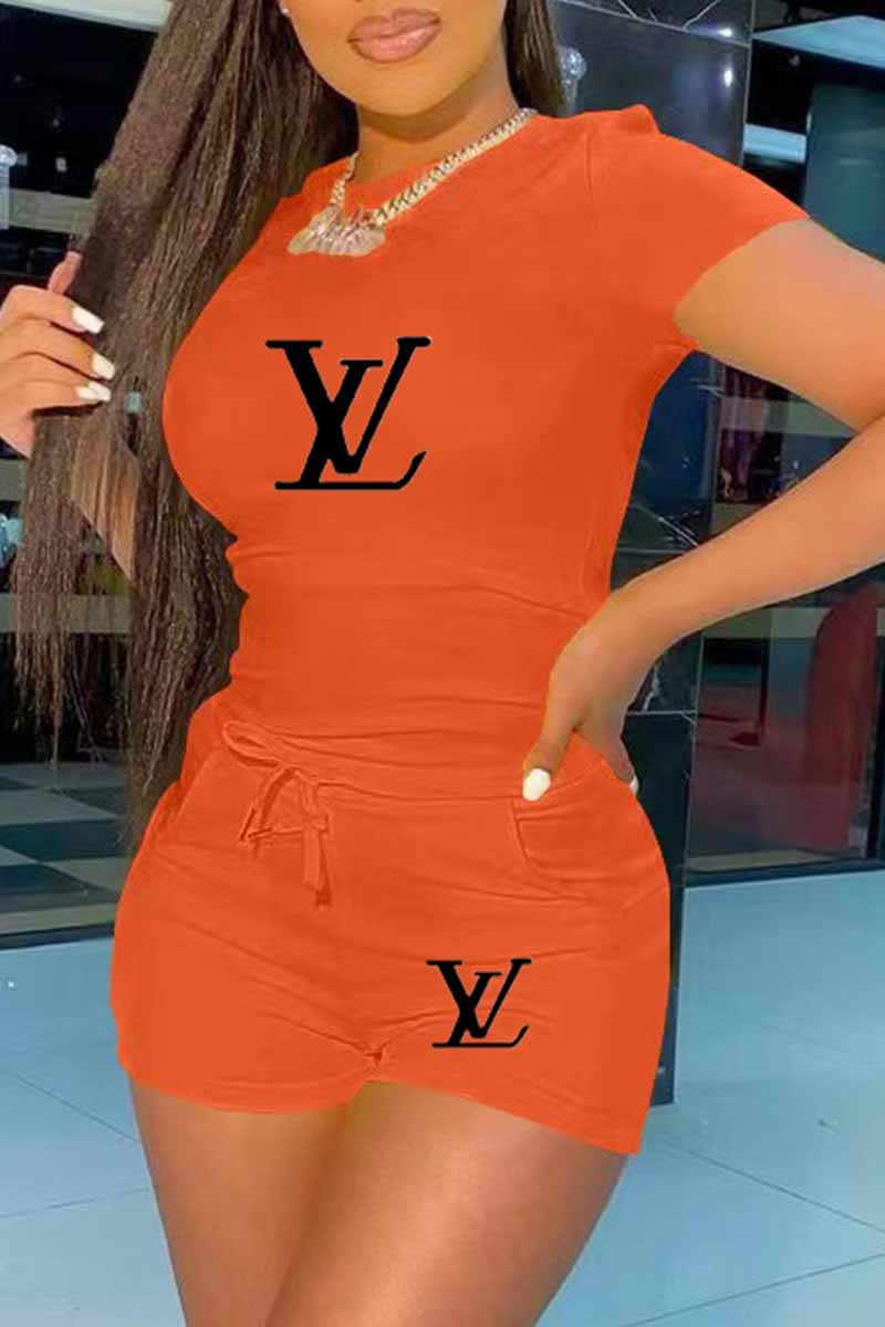 

Orange Fashion Sportswear Print Letter O Neck Short Sleeve Two Pieces