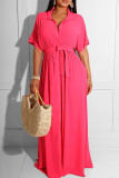 Rose Red Casual Solid Patchwork Buckle Turndown Collar Straight Dresses