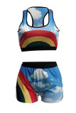 Многоцветная модная повседневная спортивная одежда с принтом, базовая, с U-образным вырезом, без рукавов, из двух частей