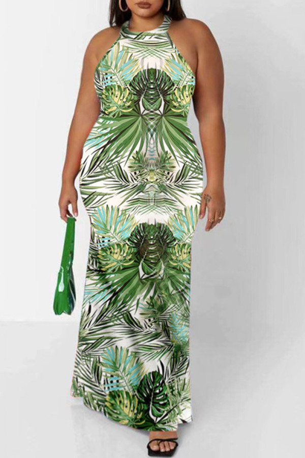 グリーン ファッション セクシーなプリント中空アウト O ネック ノースリーブ ドレス プラス サイズのドレス