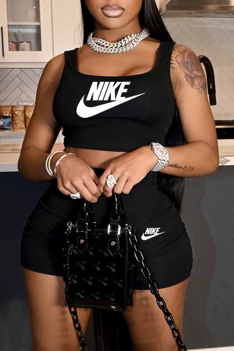 

Black Fashion Casual Print Letter U Neck Sleeveless Two Pieces