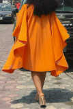 Tangerine Red Fashion Solid Flounce O Neck Cake Skirt Dresses