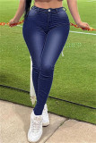 Medium blauwe modieuze casual effen patchwork skinny jeans met hoge taille