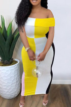 Желтое модное повседневное контрастное платье в стиле пэчворк с открытыми плечами и коротким рукавом