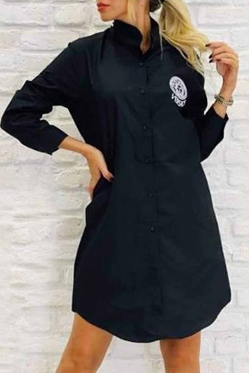 

Black Fashion Simplicity Print Letter Mandarin Collar Shirt Dress Dresses