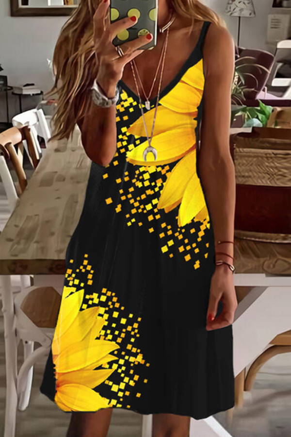 Zwart gele sexy casual print backless v-hals sling jurk