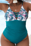 Multicolor Fashion Sexy Print Patchwork Backless V Neck Plus Size Swimwear (With Paddings)