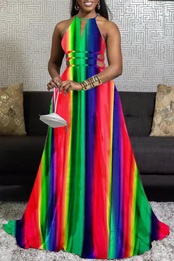 Kleur sexy print uitgehold patchwork backless O-hals A-lijn jurken