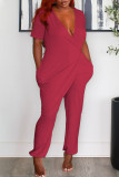 Green Casual Solid Patchwork V Neck Straight Jumpsuits