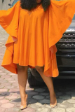 Tangerine Red Fashion Solid Flounce O Neck Cake Skirt Dresses