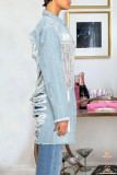 Baby Blue Fashion Casual Patchwork Quaste zerrissene rückenfreie Strickjacke Umlegekragen Langarm Regular Jeansjacke