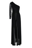 Black Sexy Solid Patchwork See-through Oblique Collar Regular Jumpsuits