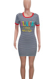 Red Casual Striped Print Patchwork O Neck Straight Dresses
