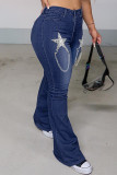Jeans moda casual patchwork las cadenas de estrellas cintura alta flaco denim azul