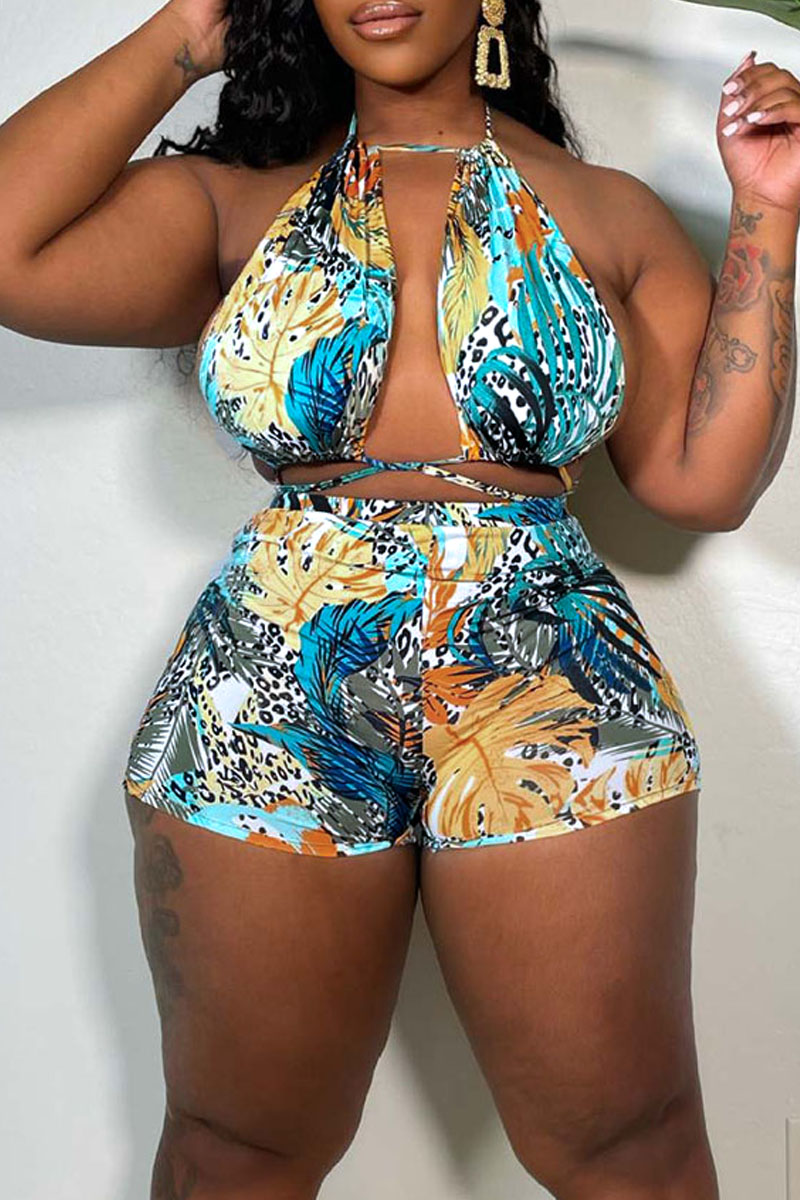 

Color Blue Sexy Print Bandage Patchwork Backless Halter Two Pieces