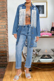 Babyblått Mode Casual Patchwork Tofs Rippad rygglös kofta Turndown-krage Långärmad Vanlig jeansjacka