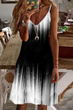 ホワイトブラックセクシーカジュアルプリントバックレスVネックスリングドレス
