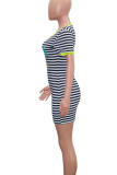 Fluorescent Yellow Casual Striped Print Patchwork O Neck Straight Dresses