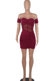 Burgundy Sexy Solid Patchwork Fold Off the Shoulder Pencil Skirt Dresses